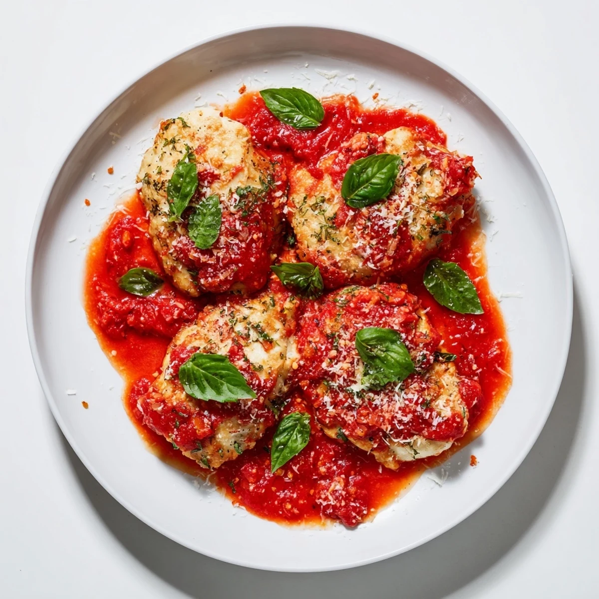 Golden seared chicken pomodoro delight topped with melted Parmesan and fragrant fresh basil.