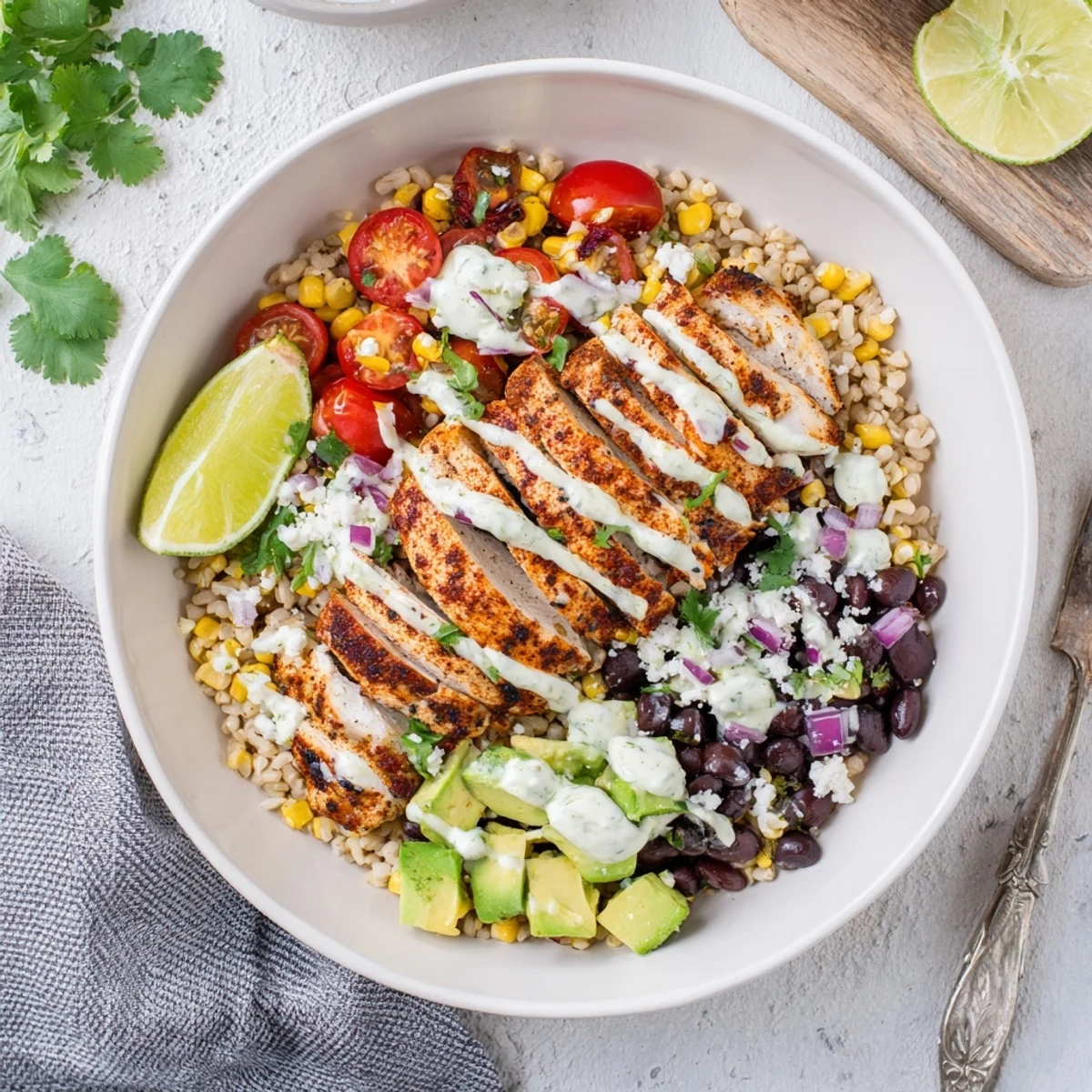 Colorful healthy street corn chicken bowl topped with creamy sauce and fresh avocado slices