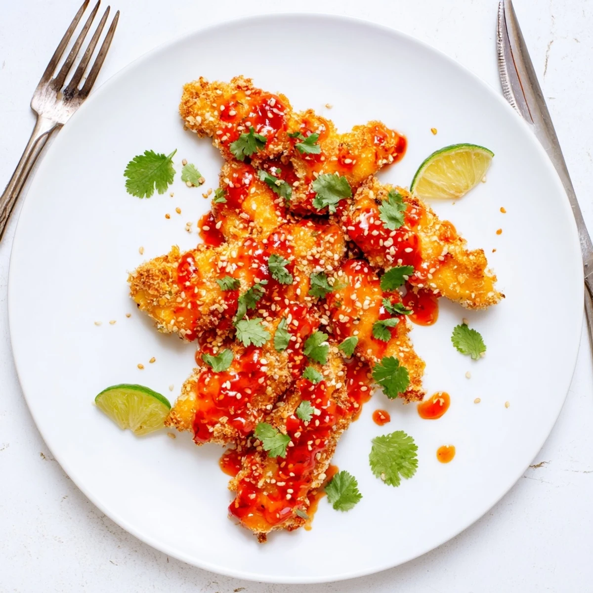 Crispy golden Thai sticky chicken fingers drizzled with glossy sweet chili sauce on a platter