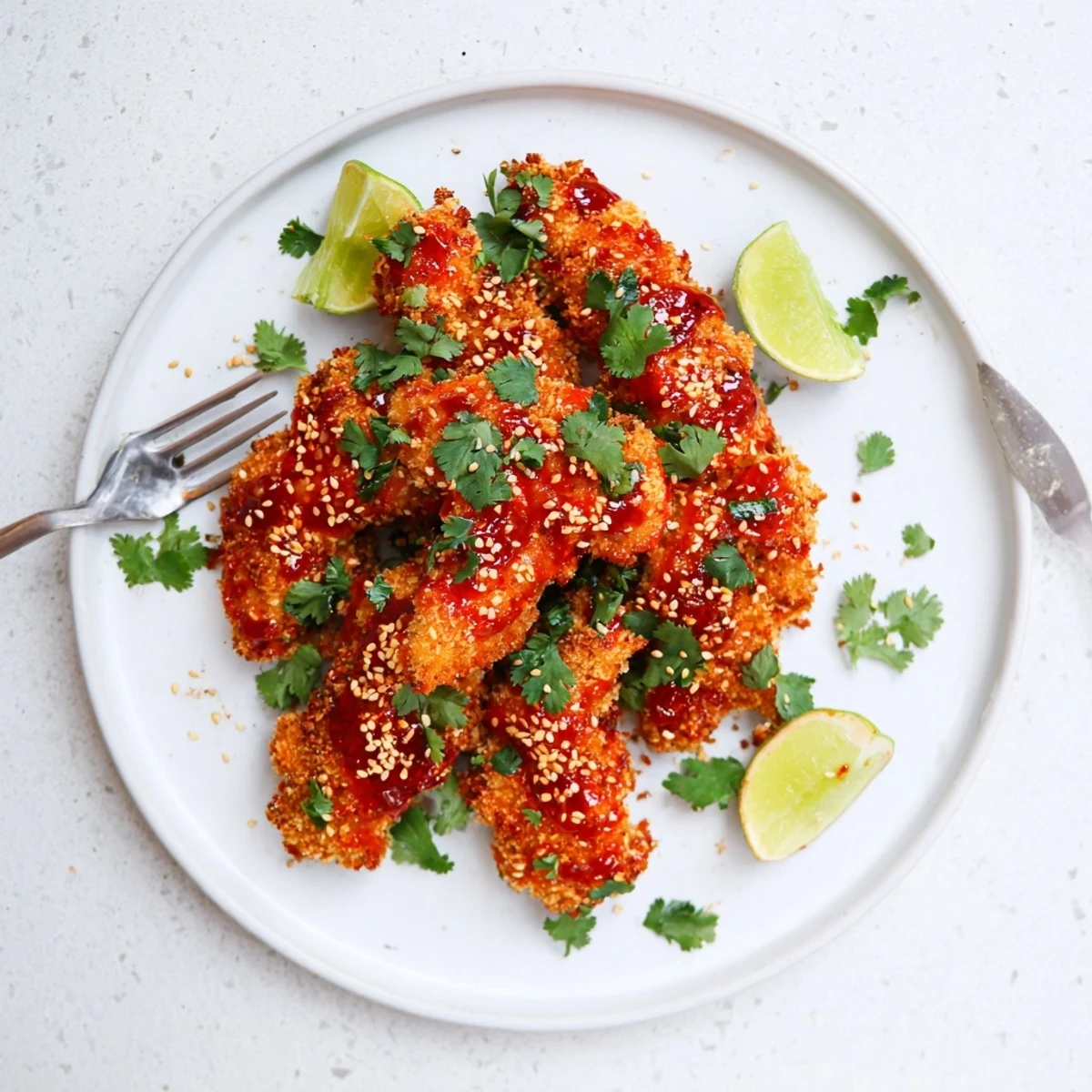 Tender panko-crusted Thai sticky chicken fingers tossed in a tangy sriracha honey glaze