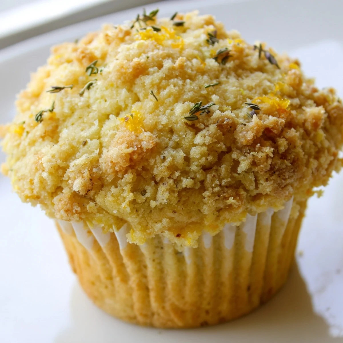Golden lemon orange honey muffins with thyme crumble fresh from the oven