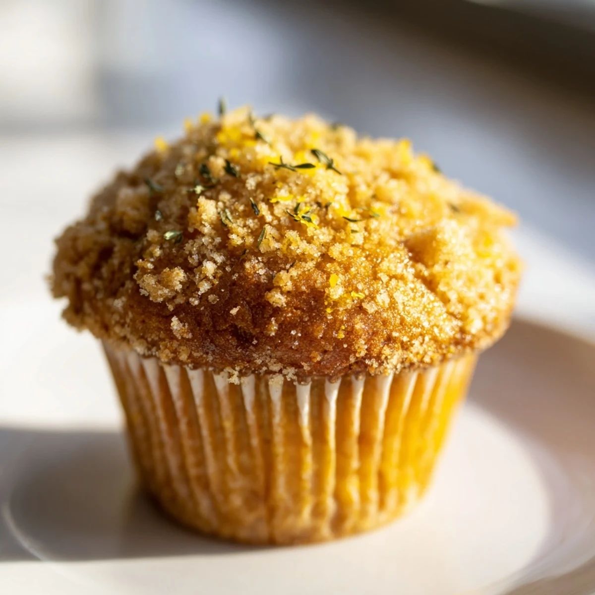 Warm lemon orange honey muffins topped with fragrant thyme crumble on a wire rack