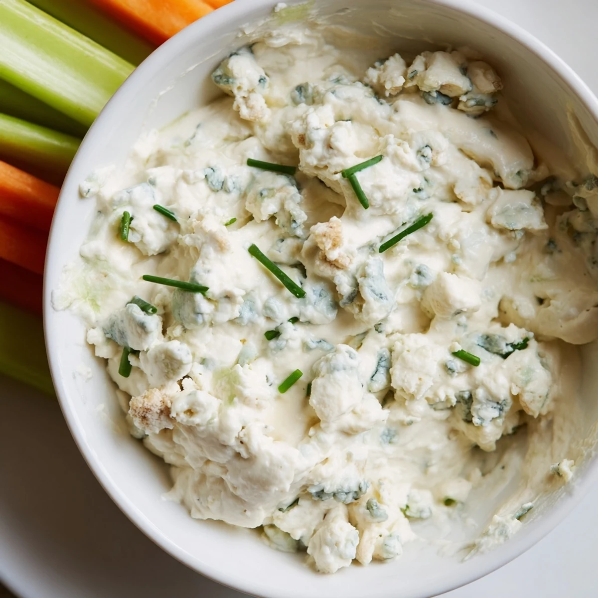 Creamy blue cheese dip in a rustic bowl surrounded by fresh celery and carrot sticks