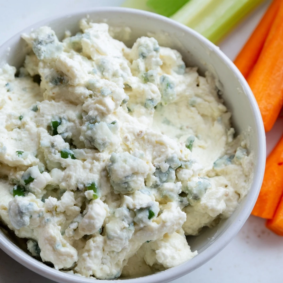 Thick and chunky blue cheese dip topped with chives, served alongside crispy buffalo wings