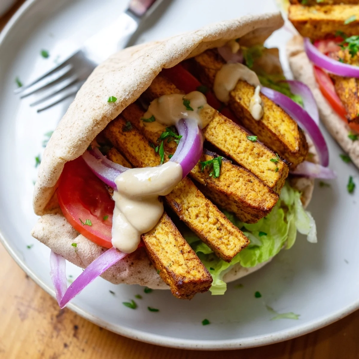 Golden tofu shawarma strips nestled in warm pita with fresh vegetables and creamy tahini sauce