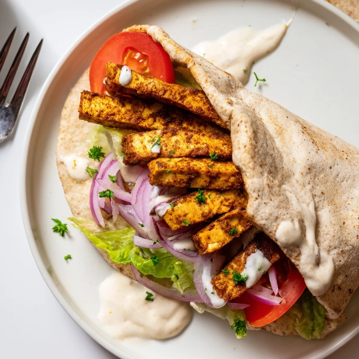 Perfectly grilled tofu shawarma arranged on a platter alongside shredded lettuce, pita, and cool vegan yogurt