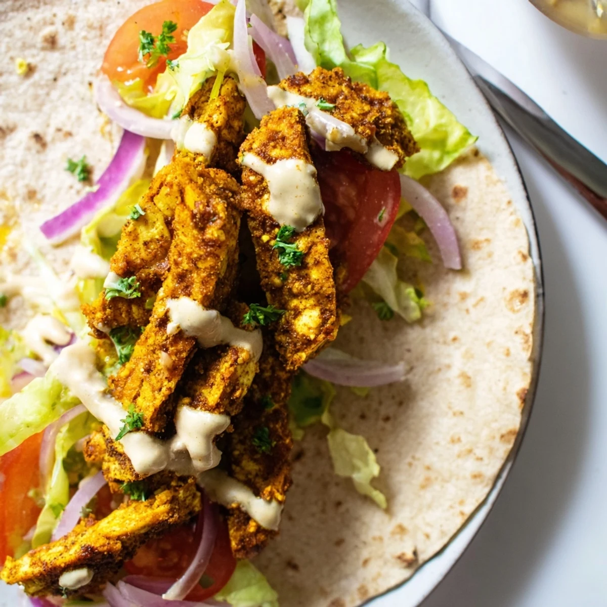 Crispy spiced tofu shawarma served on a flatbread wrap with sliced tomatoes, red onions, and parsley