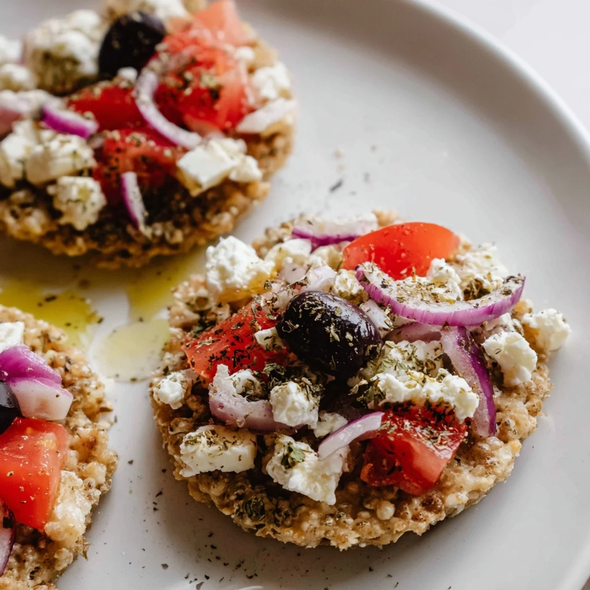 Golden crispy Cretan feta rusks topped with ripe tomatoes, olives, and crumbled feta cheese
