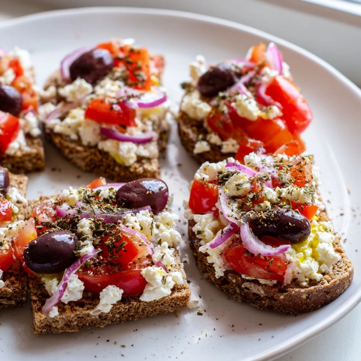 Crunchy barley rusks loaded with tangy feta, fresh oregano, and diced red onion