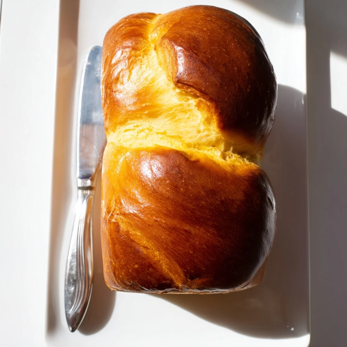 Golden milk brioche loaf with glossy egg-washed top and pillowy soft interior