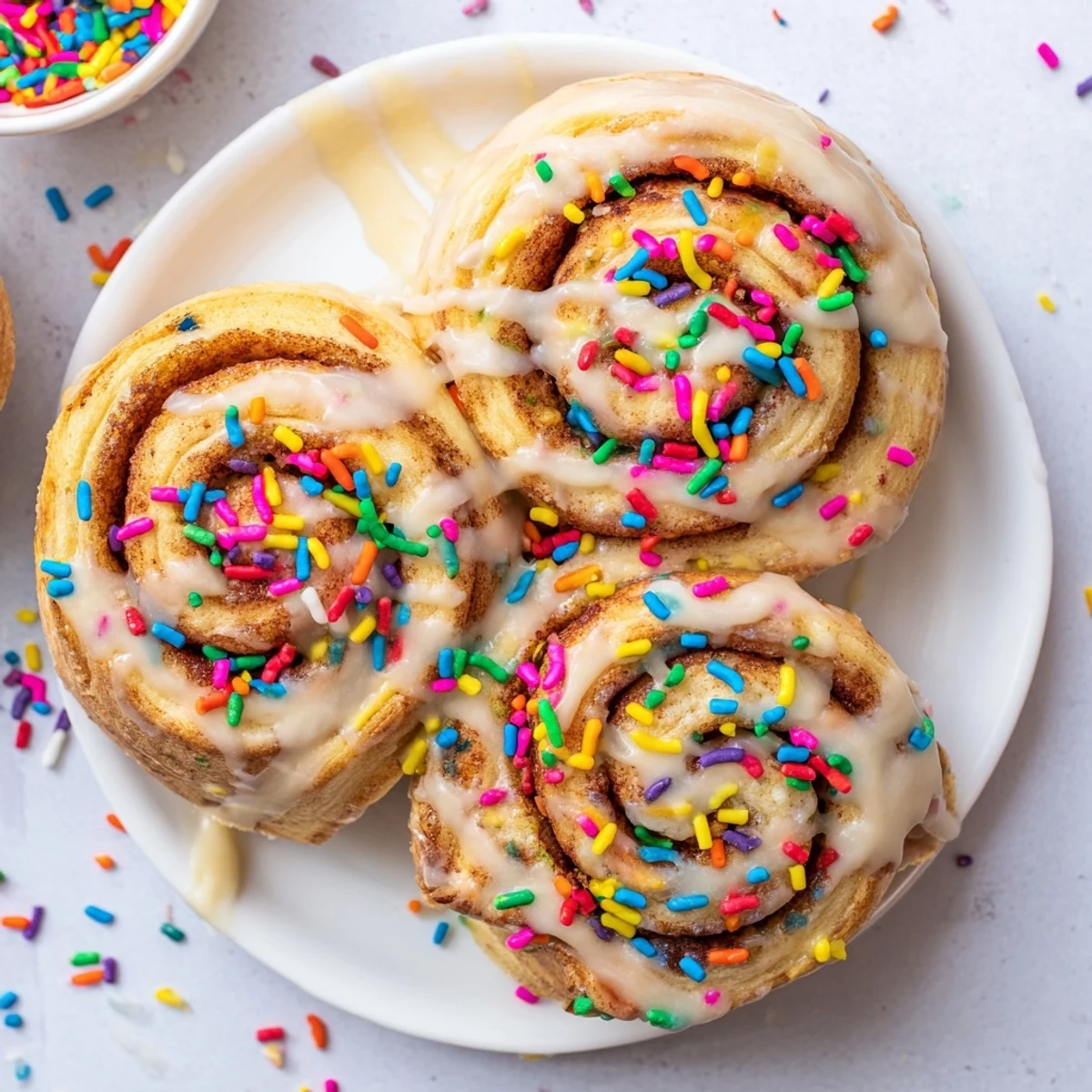 Golden funfetti cinnamon sprinkle rolls drizzled with vanilla glaze and topped with colorful rainbow sprinkles on a white plate.