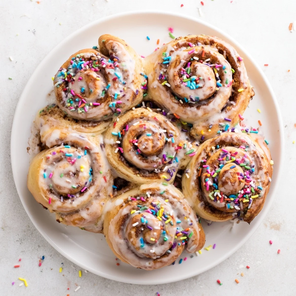 Freshly baked funfetti cinnamon rolls with swirls of rainbow sprinkles and sweet cinnamon sugar filling, perfect for breakfast celebrations.