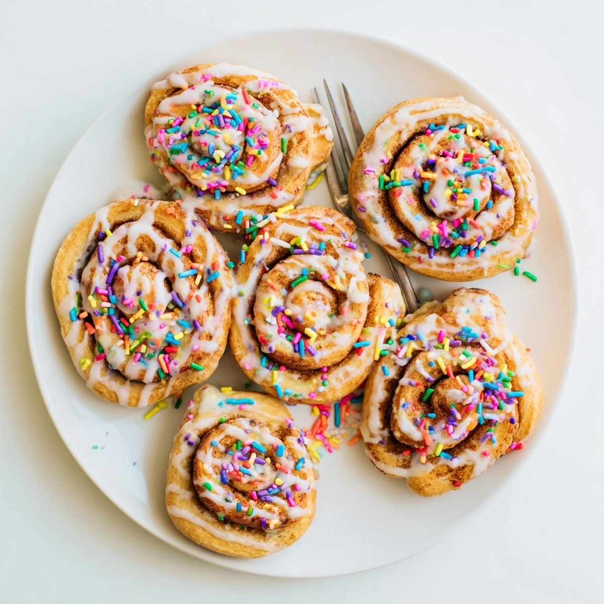 Warm homemade funfetti cinnamon sprinkle rolls with creamy vanilla glaze dripping down the sides and extra sprinkles on top.