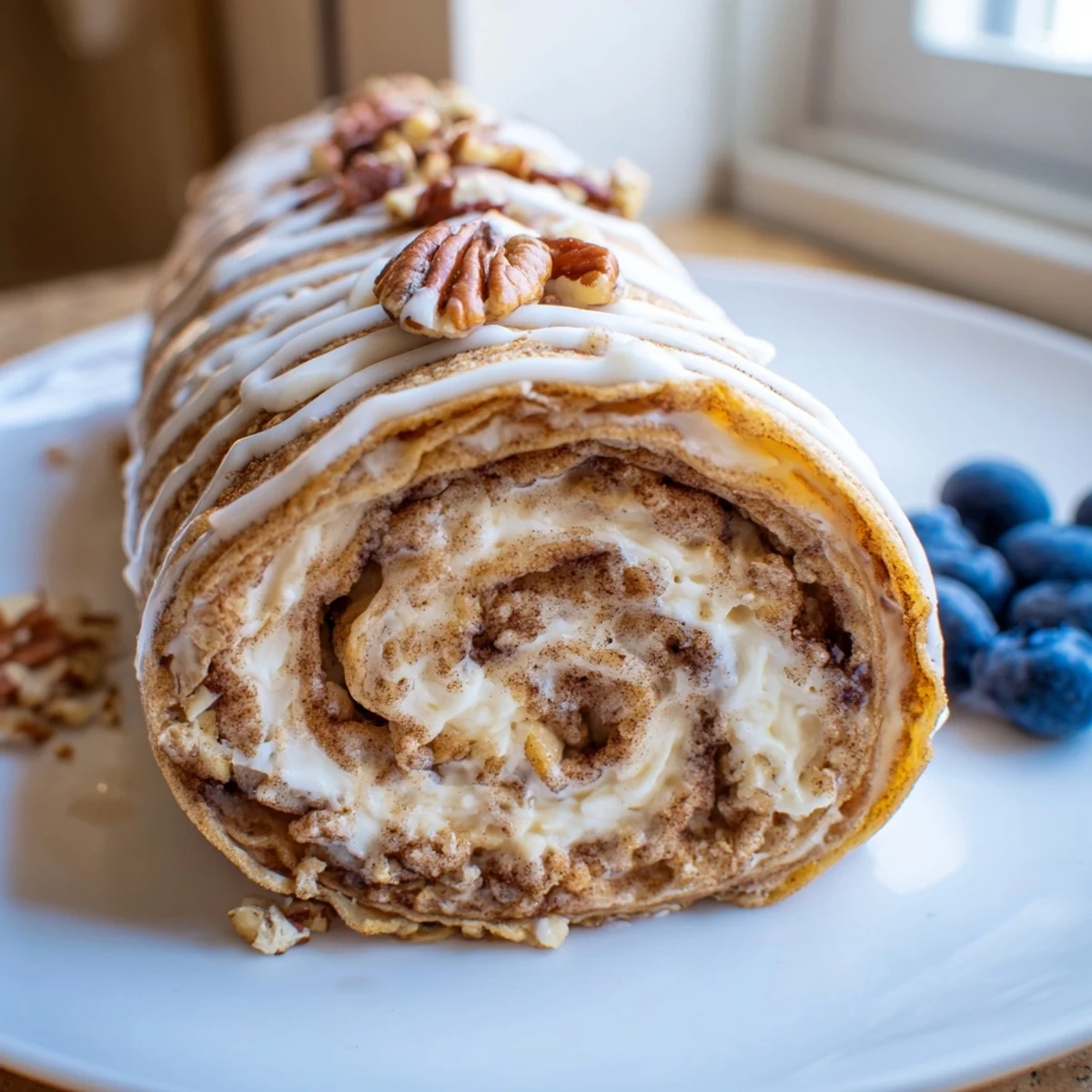 Warm cinnamon roll protein crepes drizzled with sweet vanilla glaze on a white plate