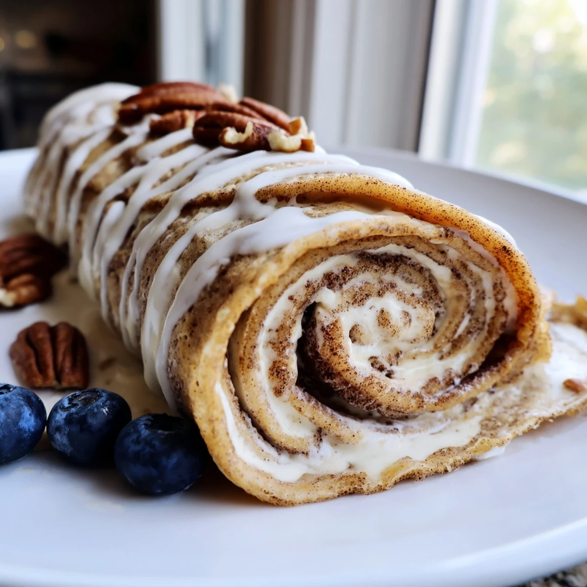 Thin cinnamon roll protein crepes filled with creamy cinnamon cream cheese filling, served warm