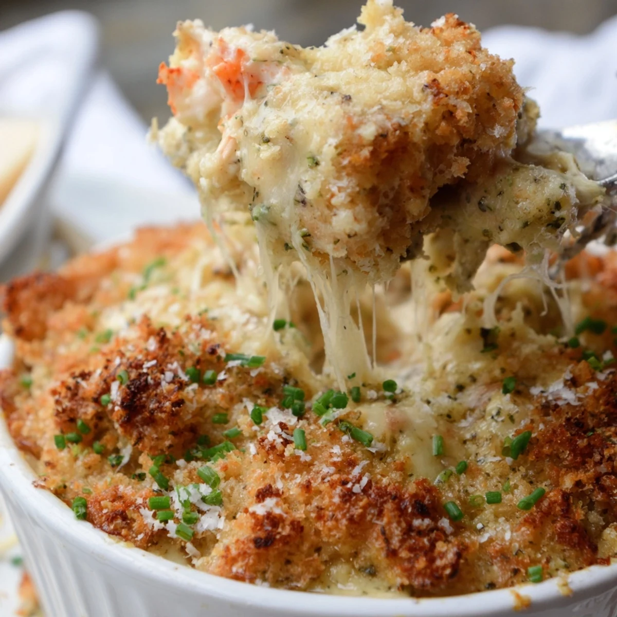 Creamy Cheesy Jumbo Lump Crab Au Gratin bubbling with a golden panko crust