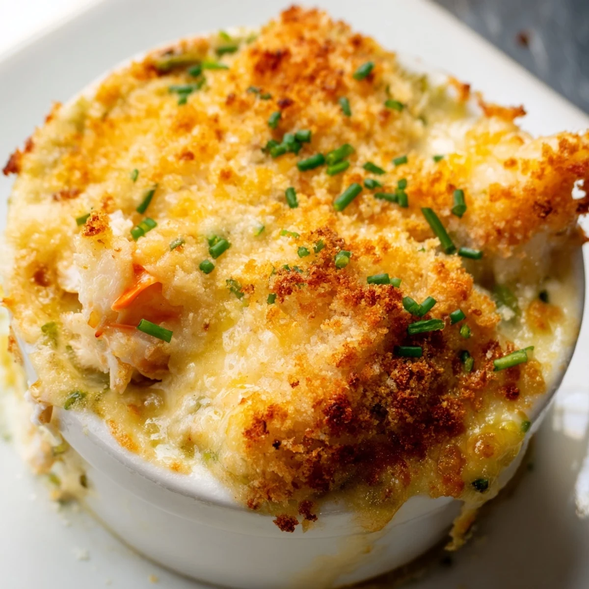 Golden-topped Cheesy Jumbo Lump Crab Au Gratin served in a rustic baking dish