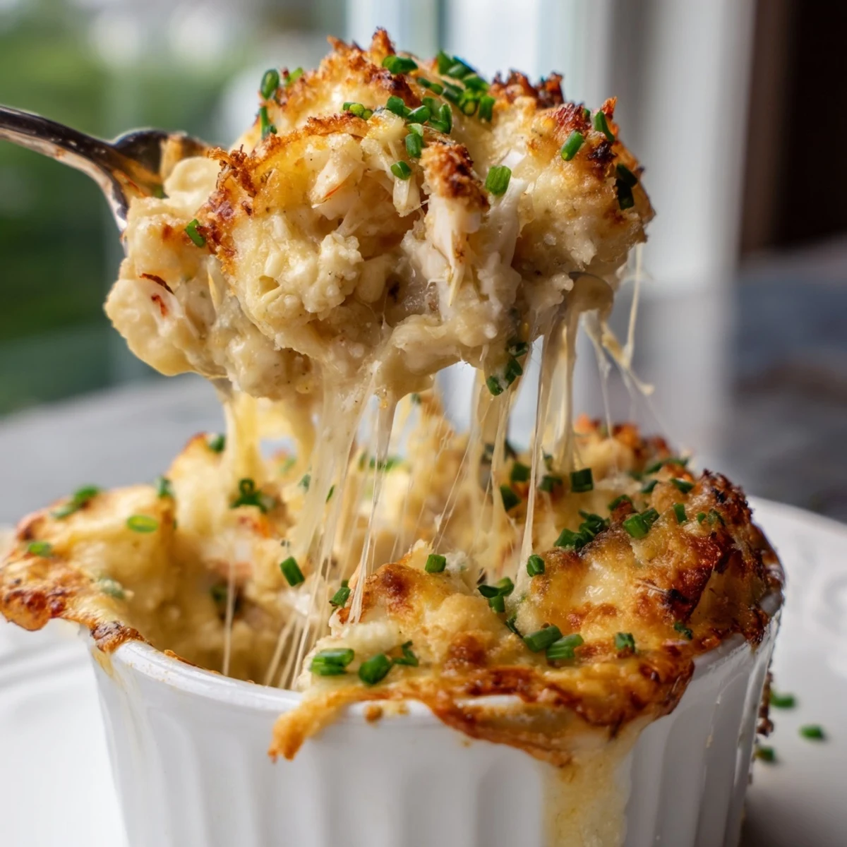 Spoonful of Cheesy Jumbo Lump Crab Au Gratin with melted Gruyère and fresh chives