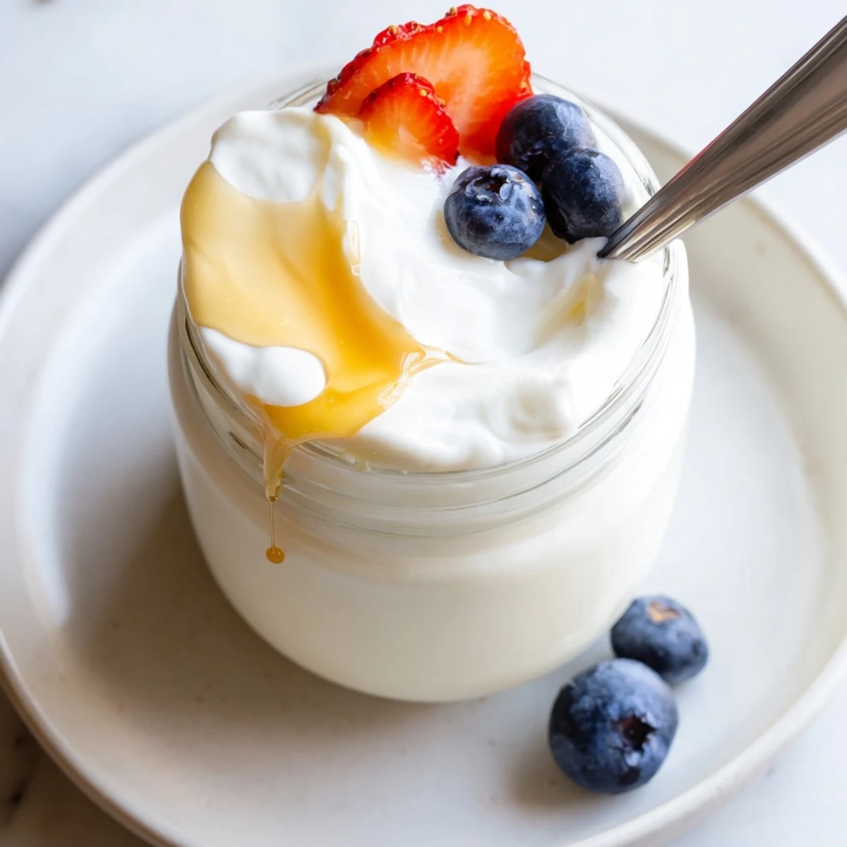 Creamy homemade yogurt served in glass jars topped with fresh berries and granola