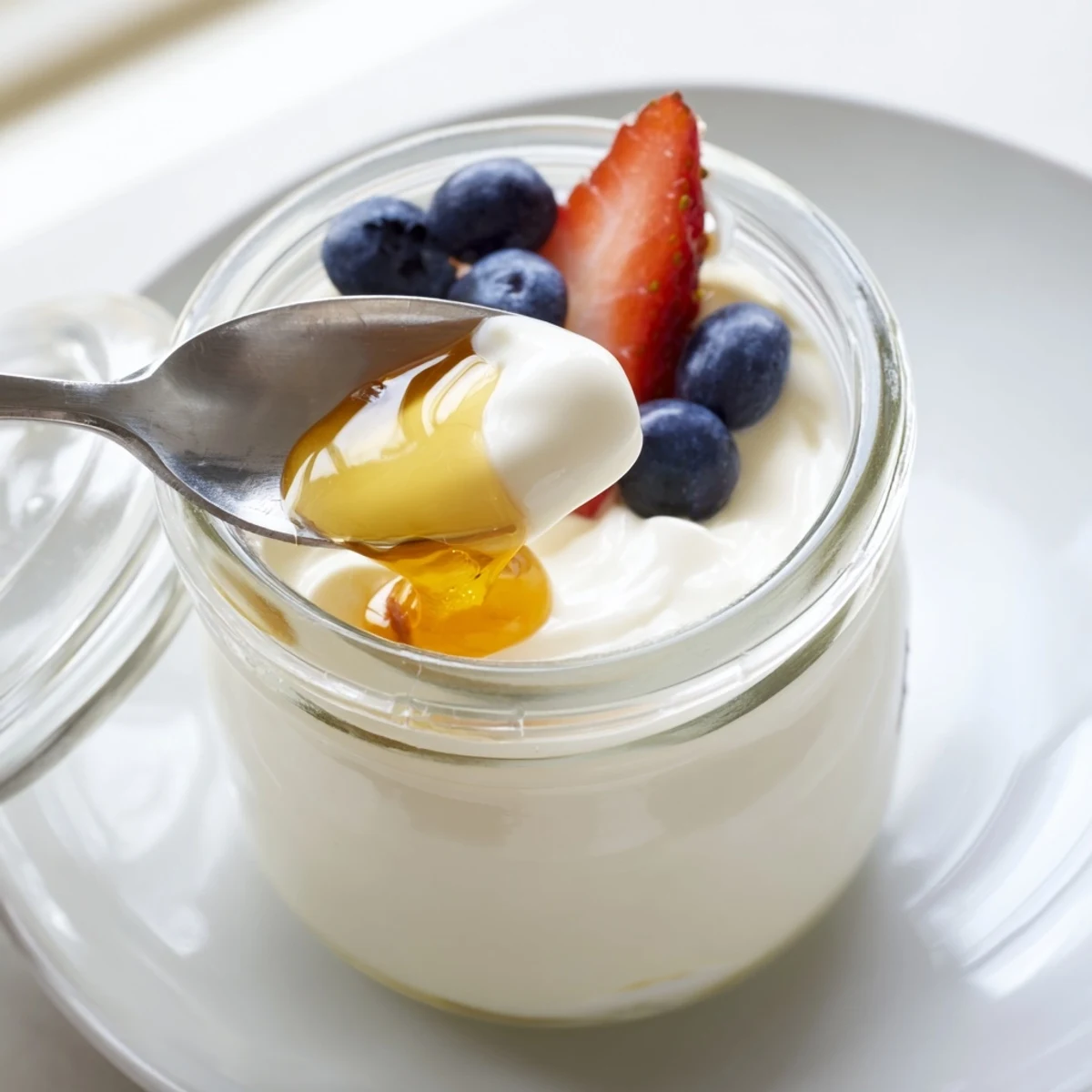 Thick velvety homemade yogurt scooped into mason jars ready for a wholesome breakfast