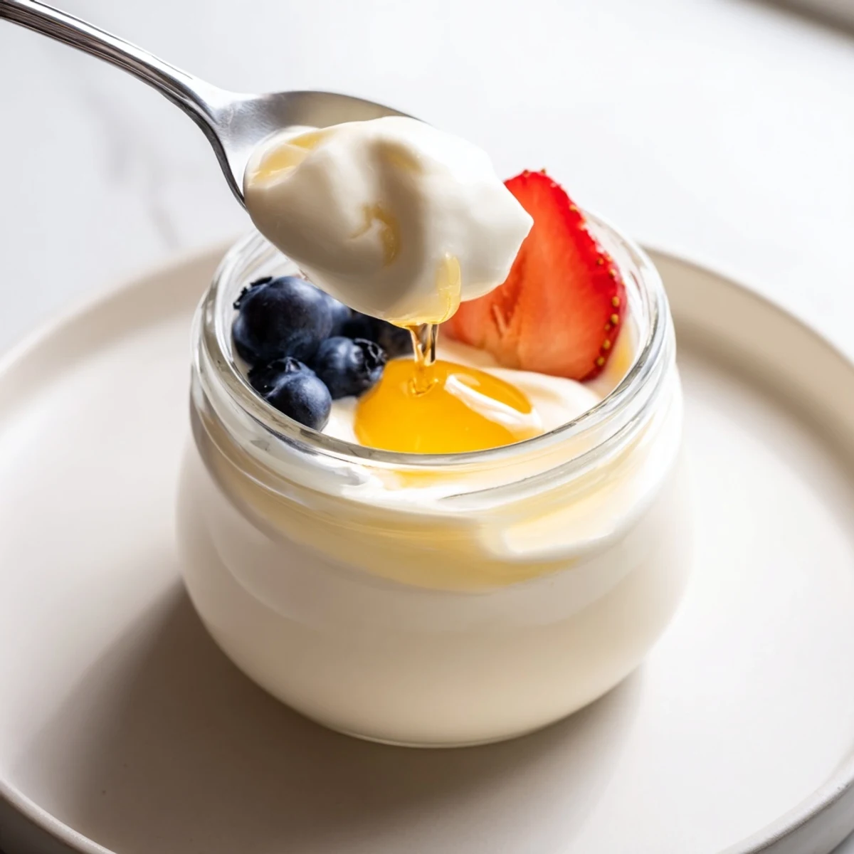 Smooth tangy homemade yogurt swirled in a bowl with a drizzle of golden honey