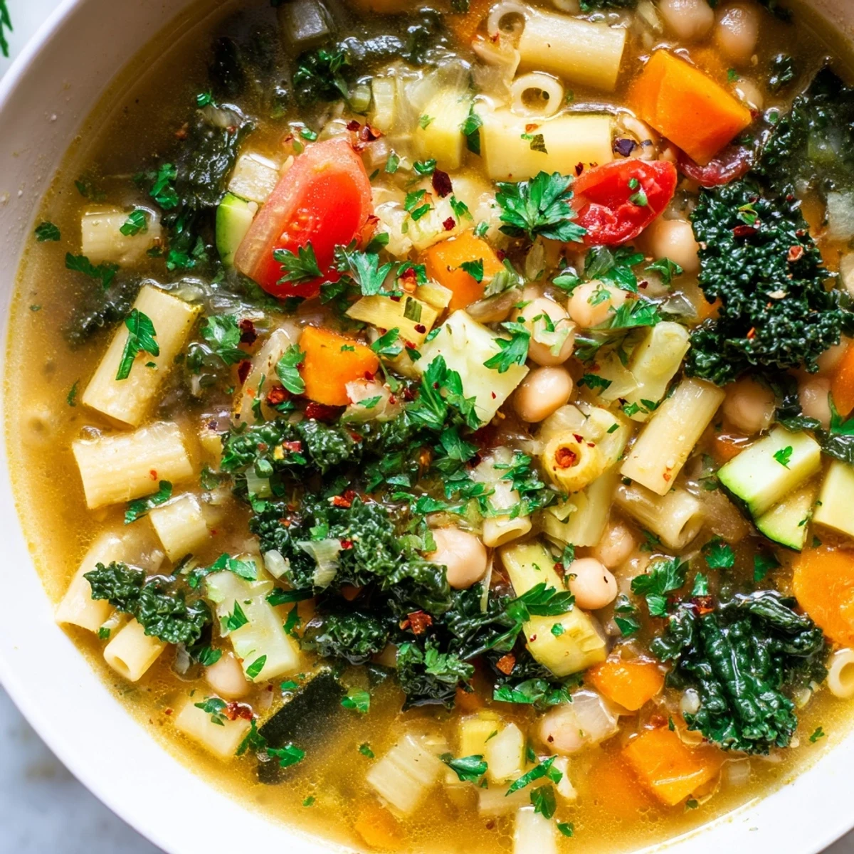 Steaming bowl of Vegan Italian Penicillin Soup brimming with colorful vegetables and tender pasta
