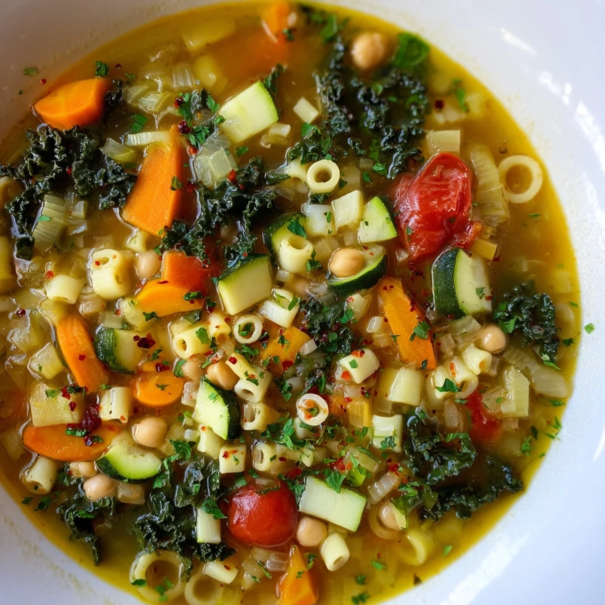 Golden broth shimmering with herbs and chickpeas in this Vegan Italian Penicillin Soup