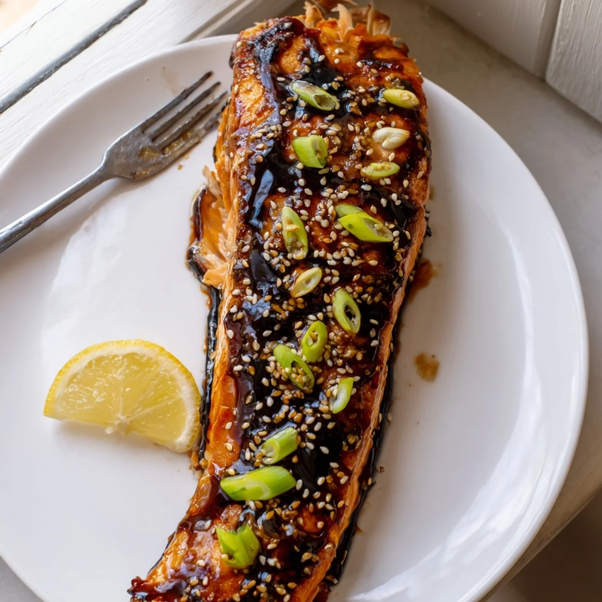 Golden glazed gluten free teriyaki salmon fillet topped with sesame seeds and scallions on a white plate