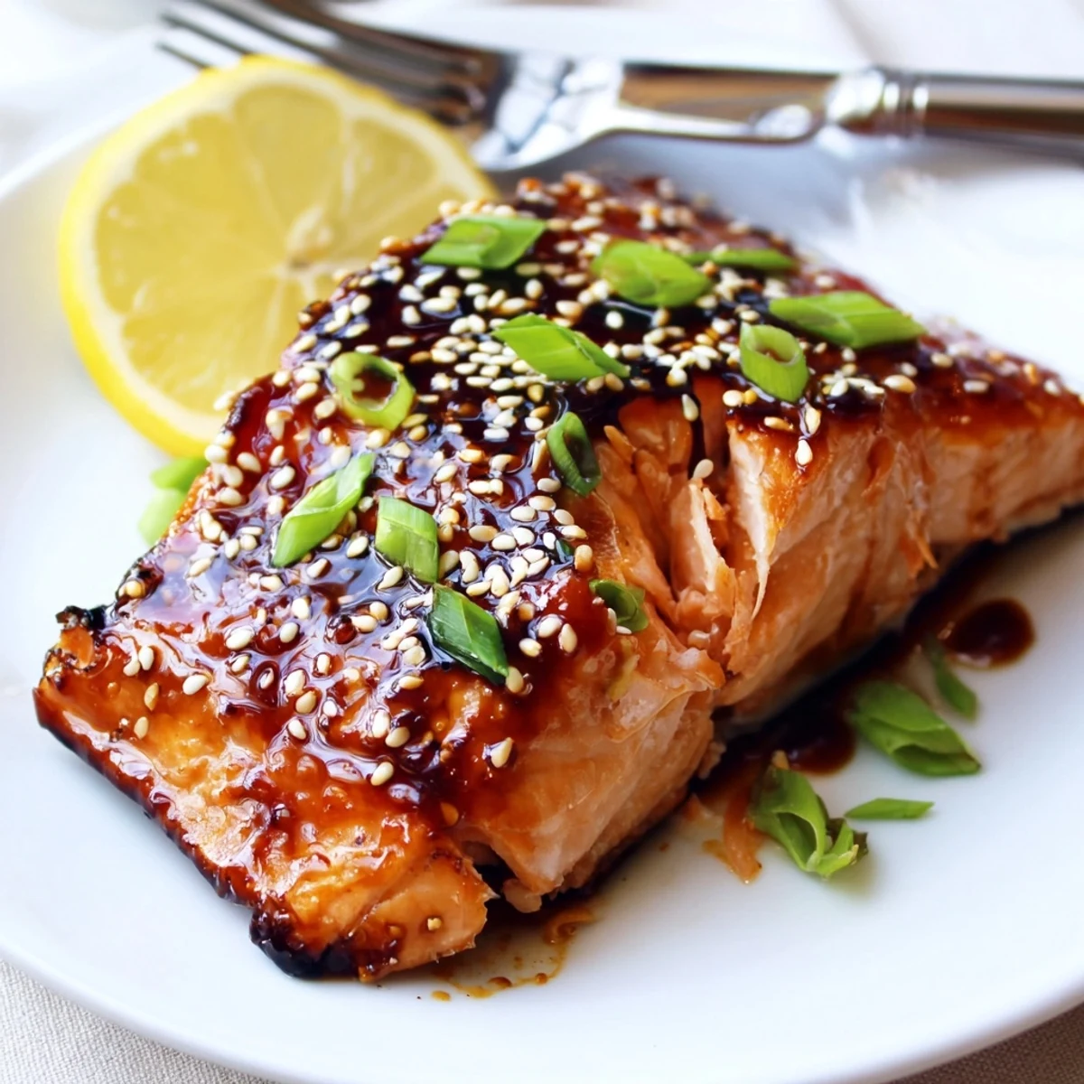 Oven-baked gluten free teriyaki salmon with a thick caramelized sauce glistening under warm broiler light