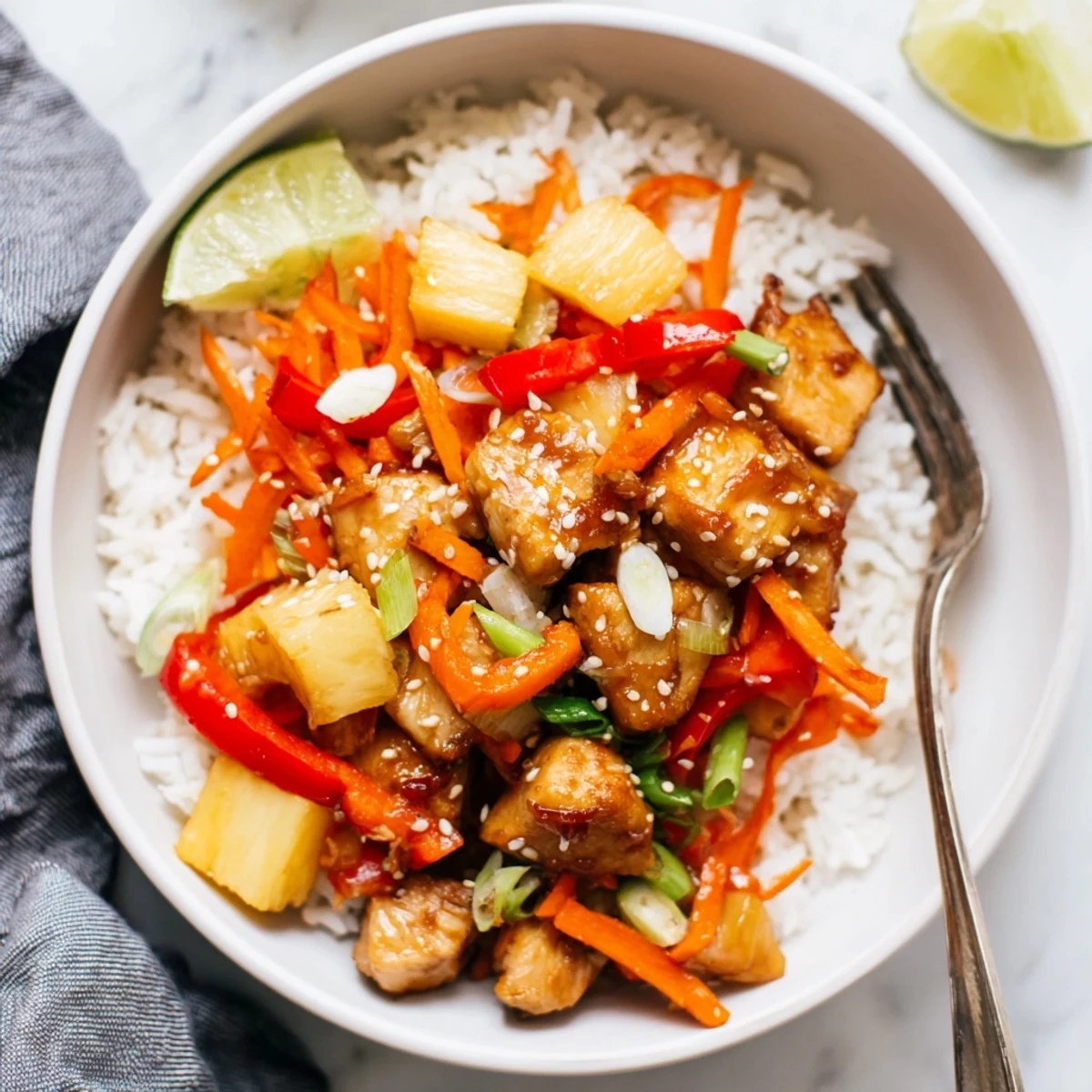 Juicy pineapple chicken rice bowl topped with sesame seeds and fresh cilantro
