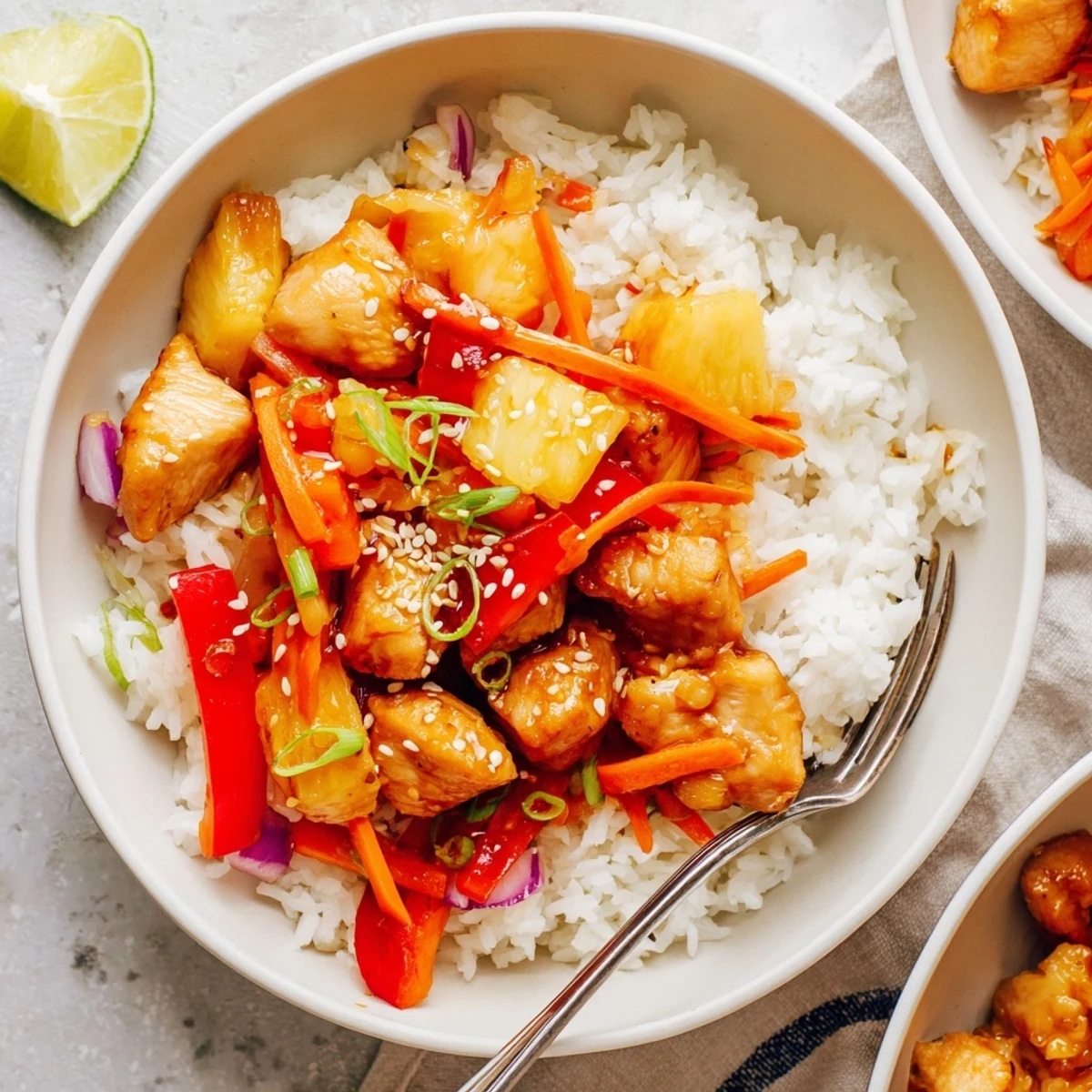 Glossy pineapple chicken rice bowl with vibrant bell peppers in sweet sauce