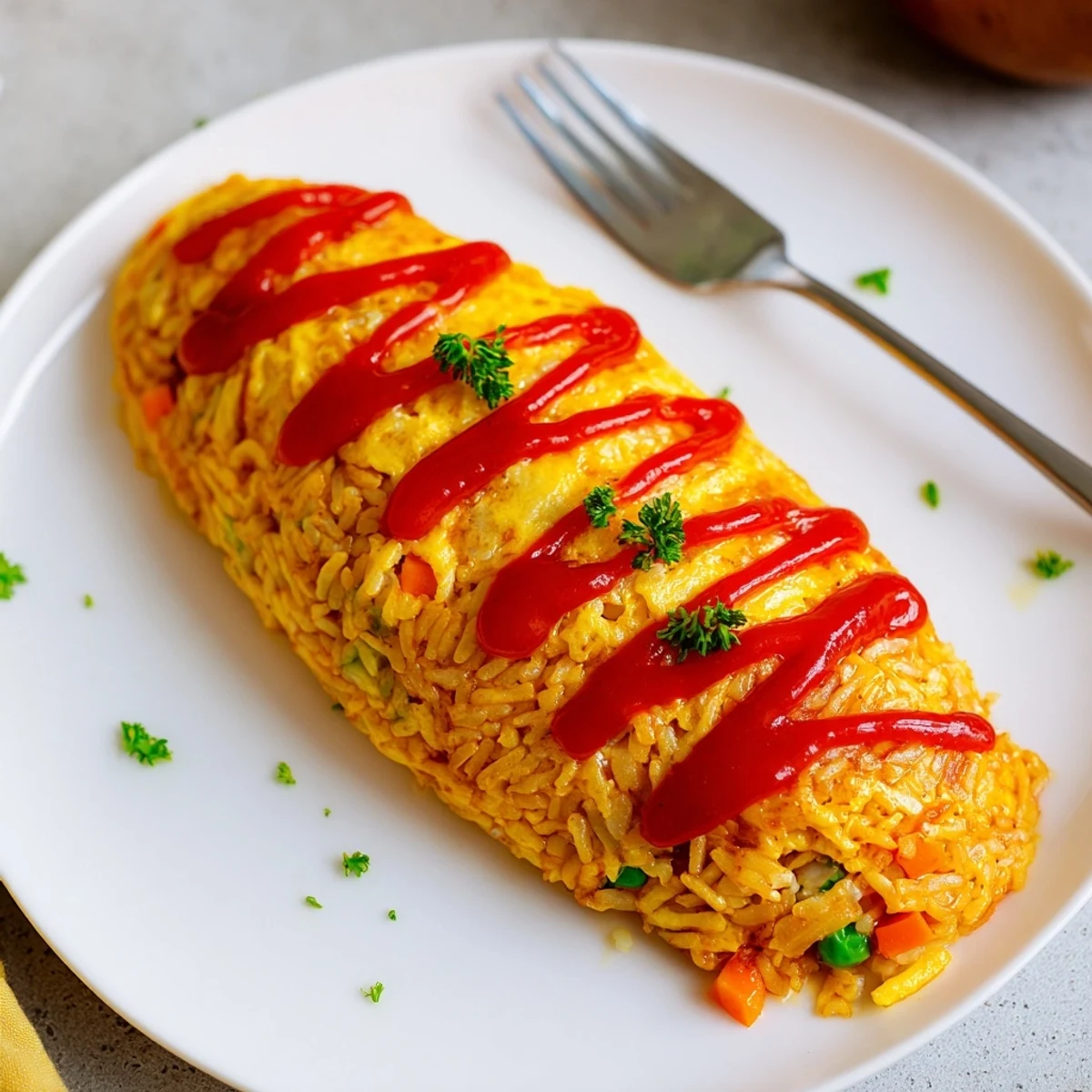 Golden omurice draped over savory ketchup fried rice on a white plate