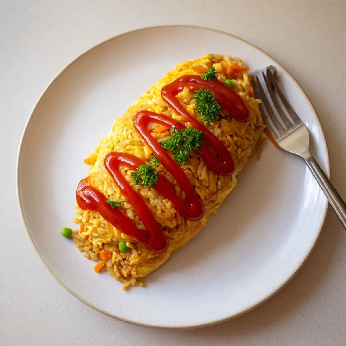 Fluffy omelette wrapped around chicken fried rice drizzled with ketchup garnish