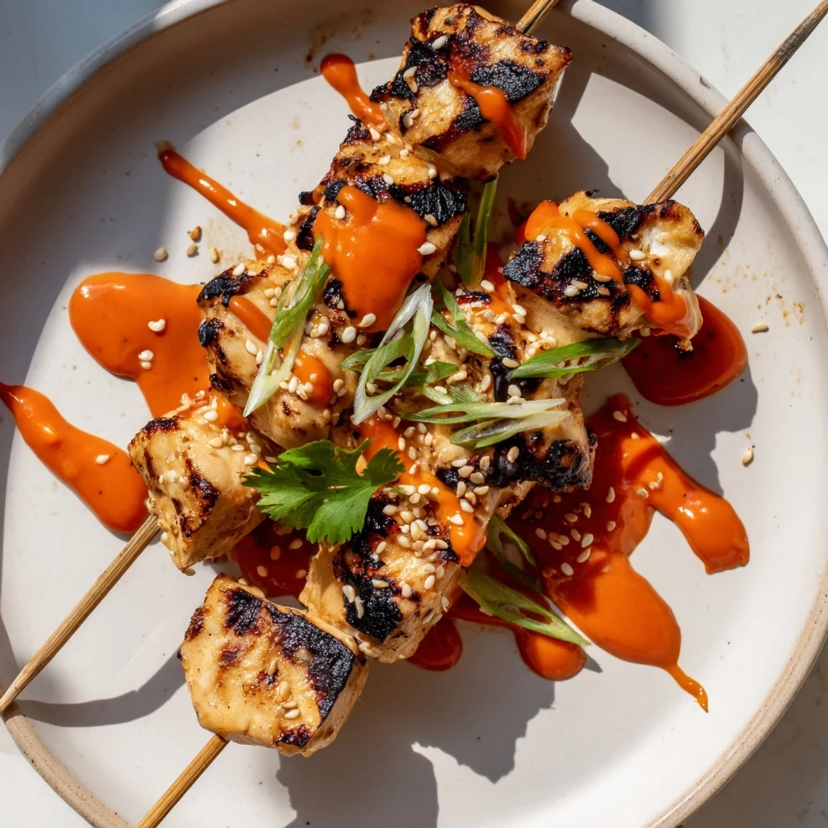 Juicy grilled Bang Bang Chicken Skewers with charred edges coated in a sweet and fiery sauce