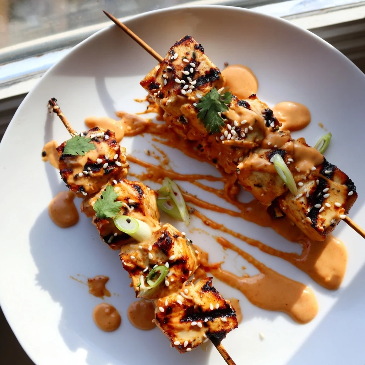 Golden Bang Bang Chicken Skewers drizzled with creamy spicy sauce and sesame seeds on a rustic platter