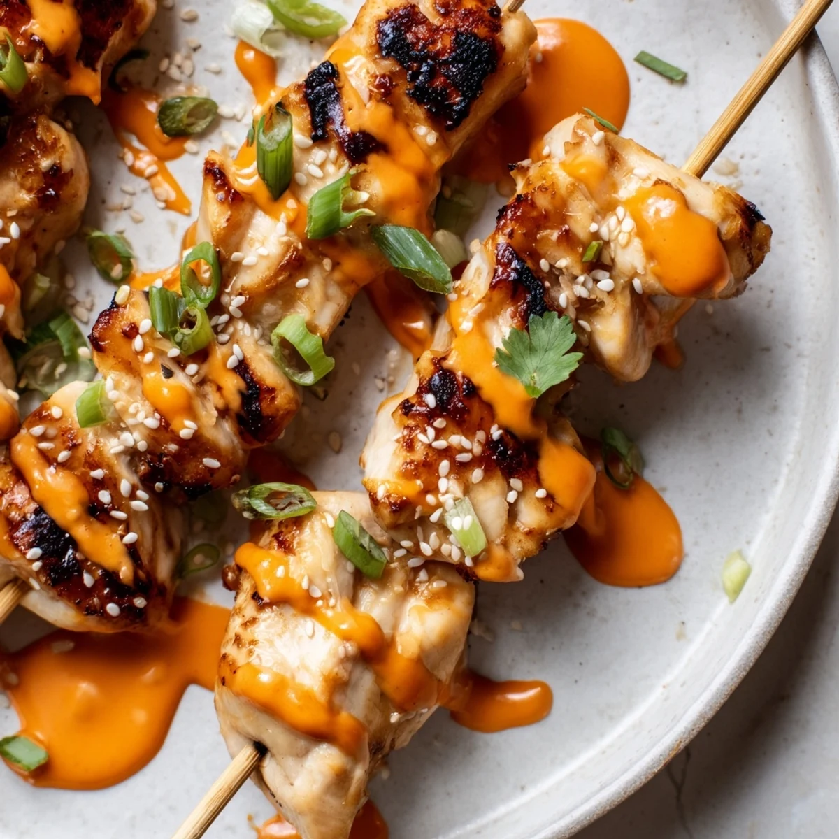 Close-up of Bang Bang Chicken Skewers garnished with fresh spring onions and a bold chili drizzle