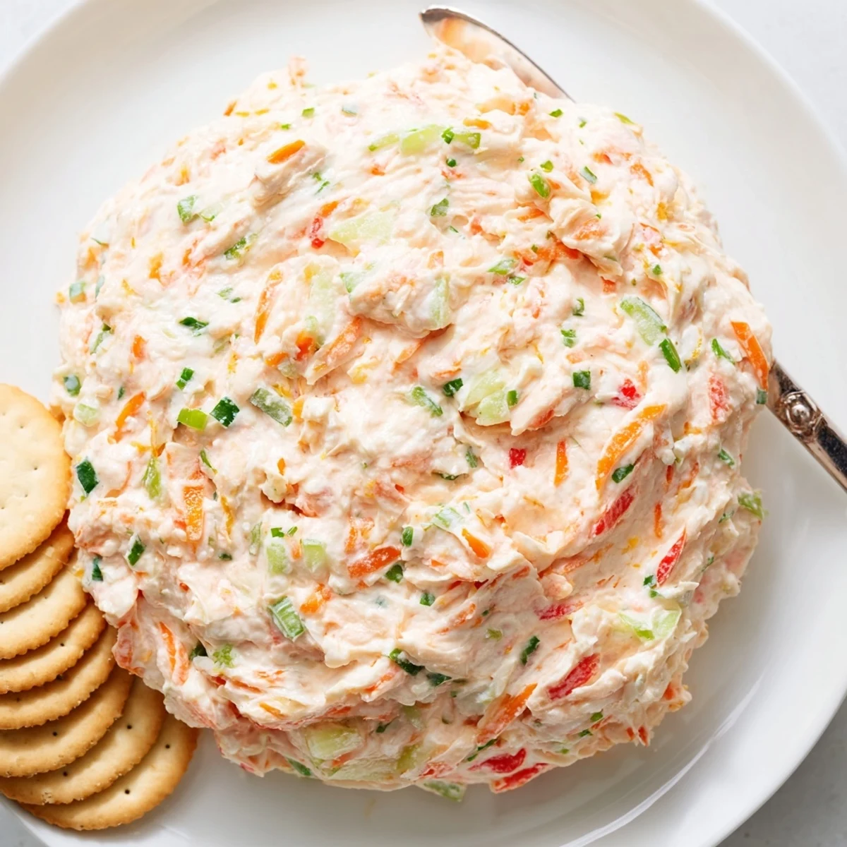 Creamy garden vegetable spread topped with fresh herbs and served alongside toasted baguette slices