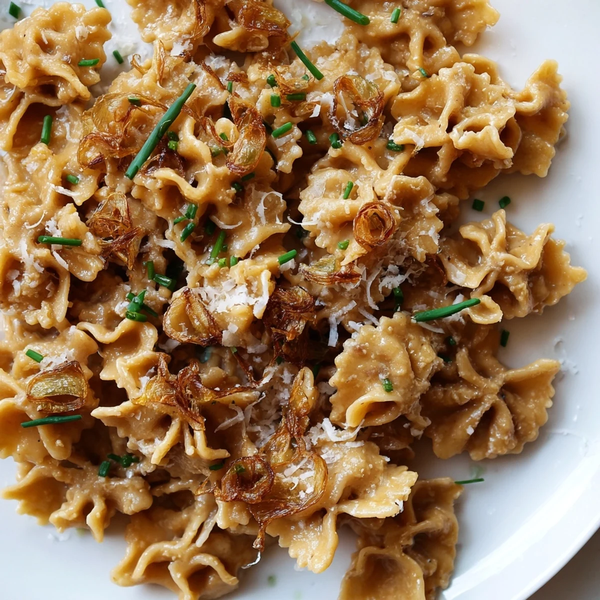 Brown butter miso roasted garlic radiatori with crispy shallots in a creamy golden sauce