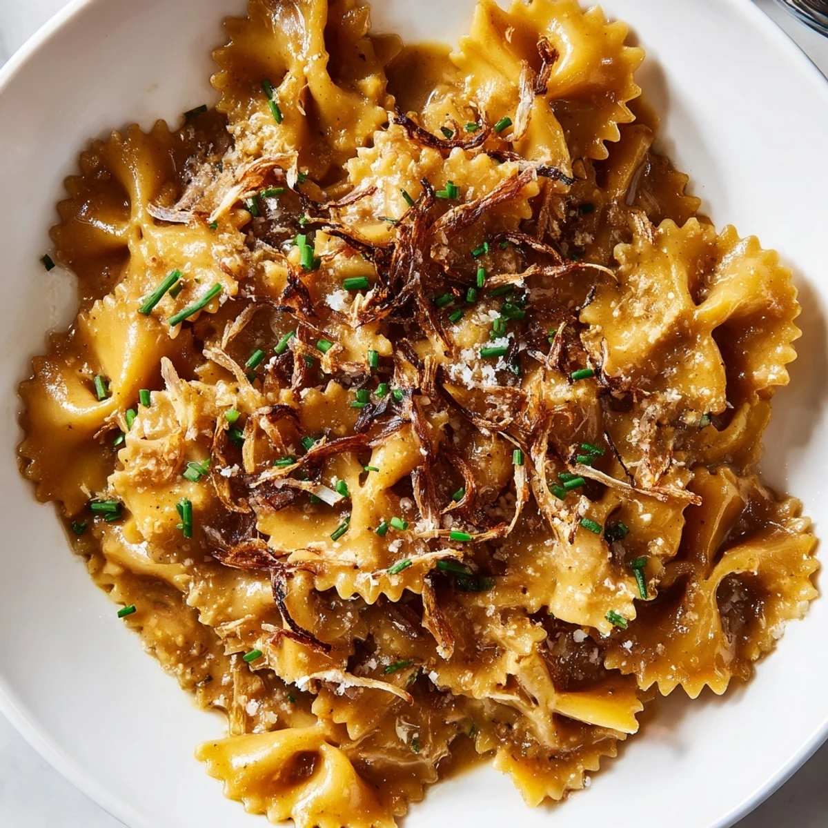 Steaming bowl of brown butter miso roasted garlic radiatori topped with crunchy golden shallots