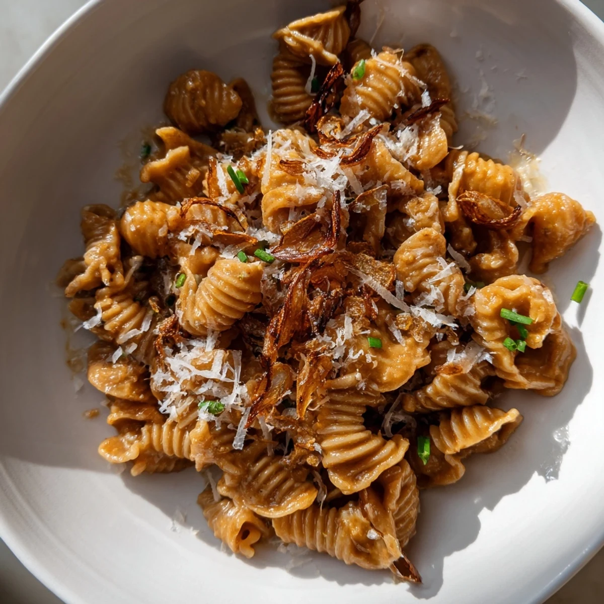 Brown butter miso roasted garlic radiatori tossed with parmesan and garnished with fresh herbs
