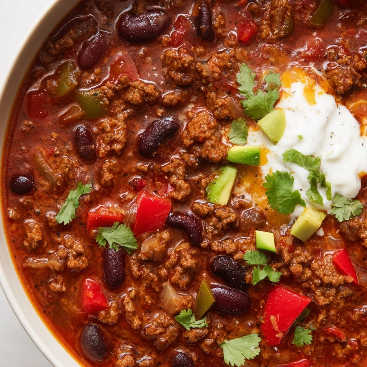 Thick, rich beef chili simmering in a cast iron Dutch oven on stove