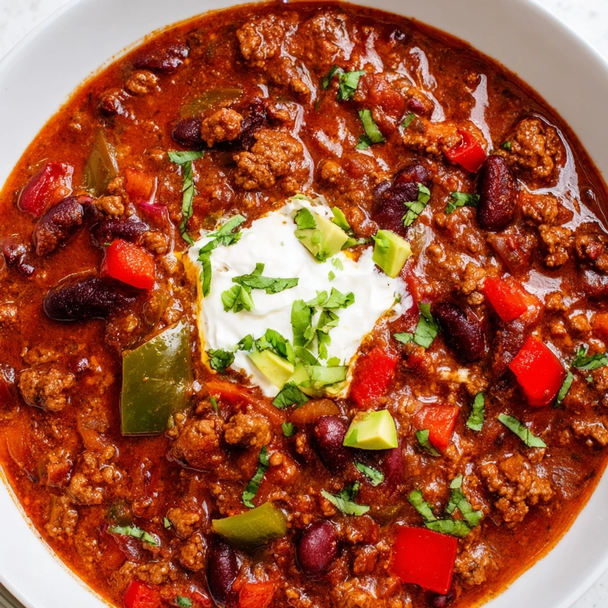 Steaming bowl of homemade chili topped with melted cheddar and fresh cilantro