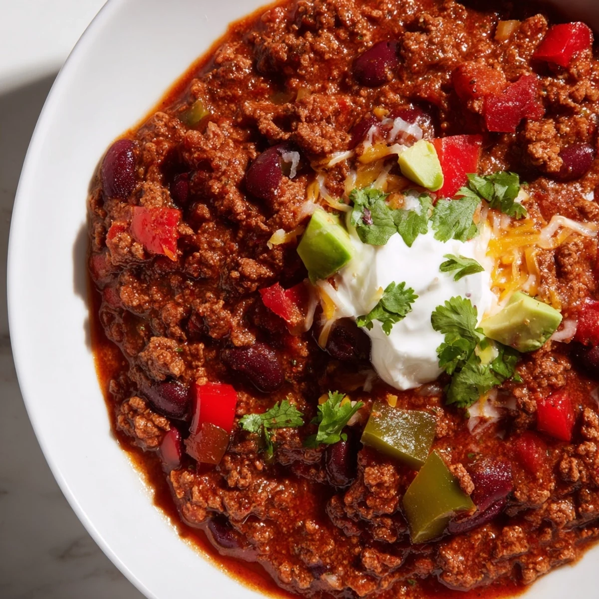 Hearty chili with red kidney beans and ground beef served in a rustic bowl