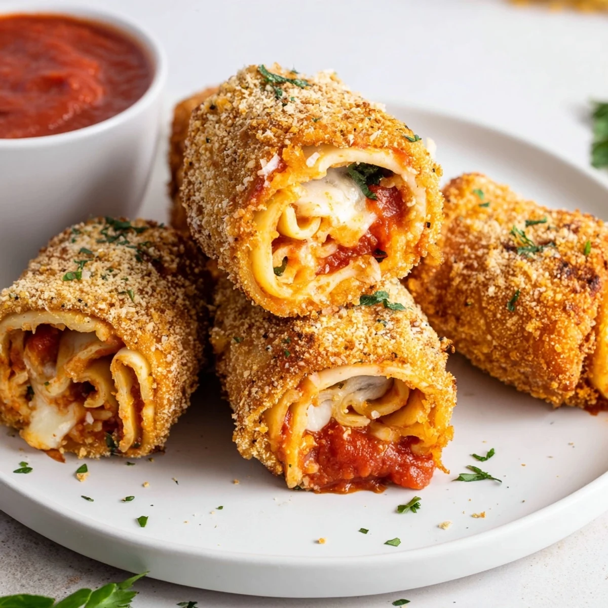 Crispy air fryer lasagna fritta with golden breadcrumbs and gooey cheese filling