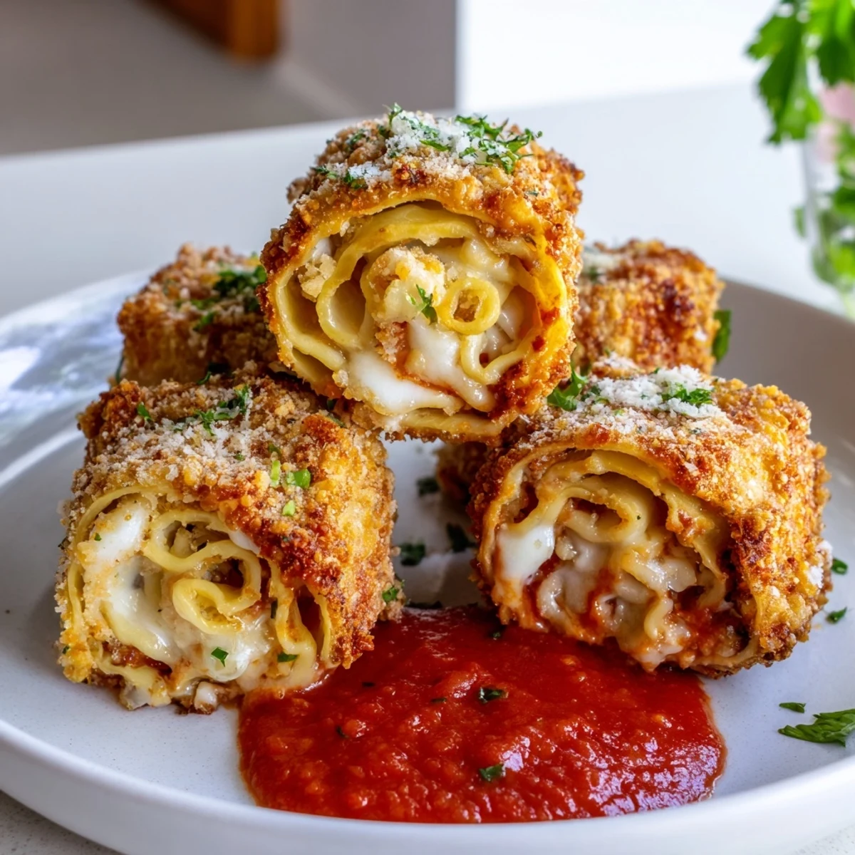 Air fryer lasagna fritta arranged on a plate beside warm marinara sauce