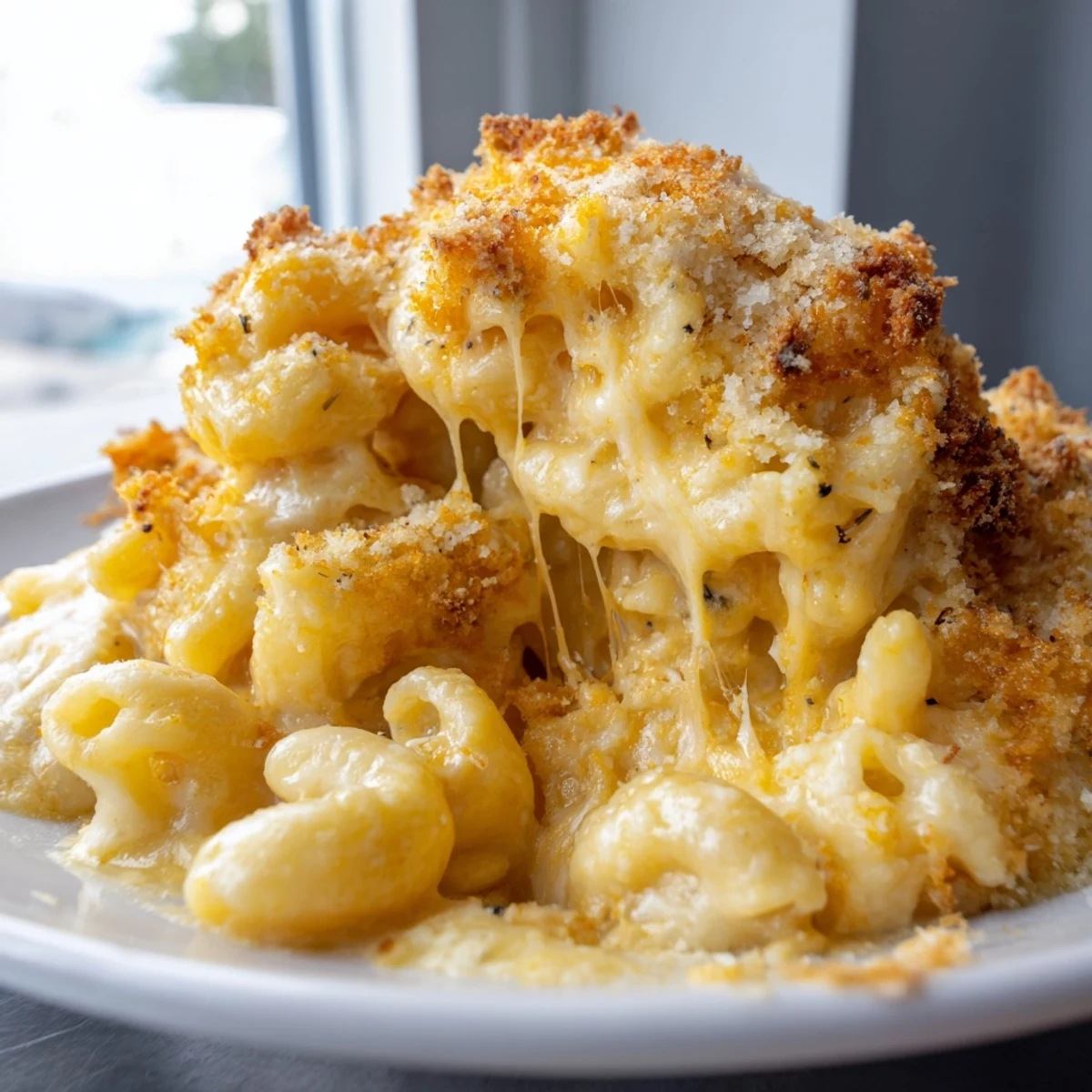 Creamy mac and cheese recipe with golden breadcrumb topping served in a baking dish