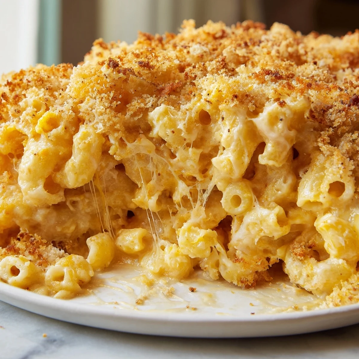 Bubbling baked mac and cheese recipe topped with melted cheddar and crispy breadcrumbs
