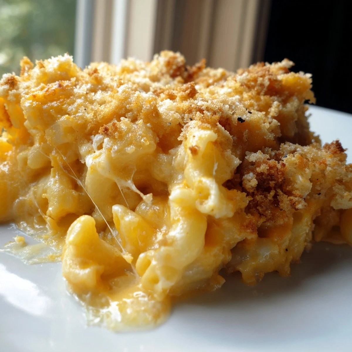 Steaming bowl of homemade mac and cheese recipe with gooey three-cheese sauce and tender pasta