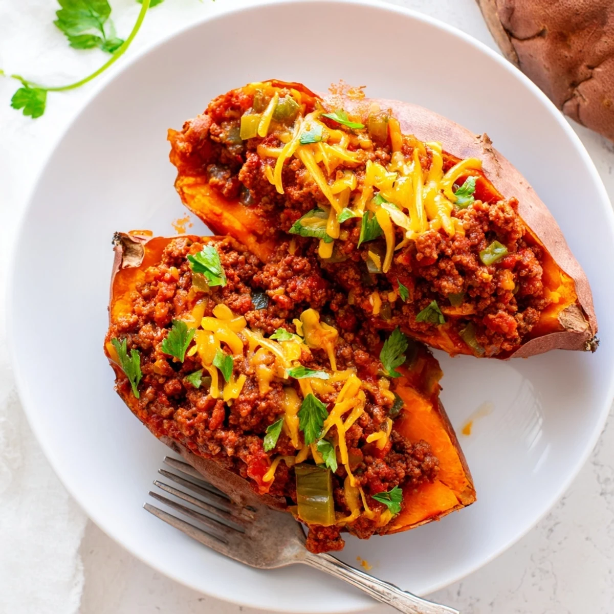 Hearty Sloppy Joe sweet potatoes topped with melted cheddar and fresh parsley