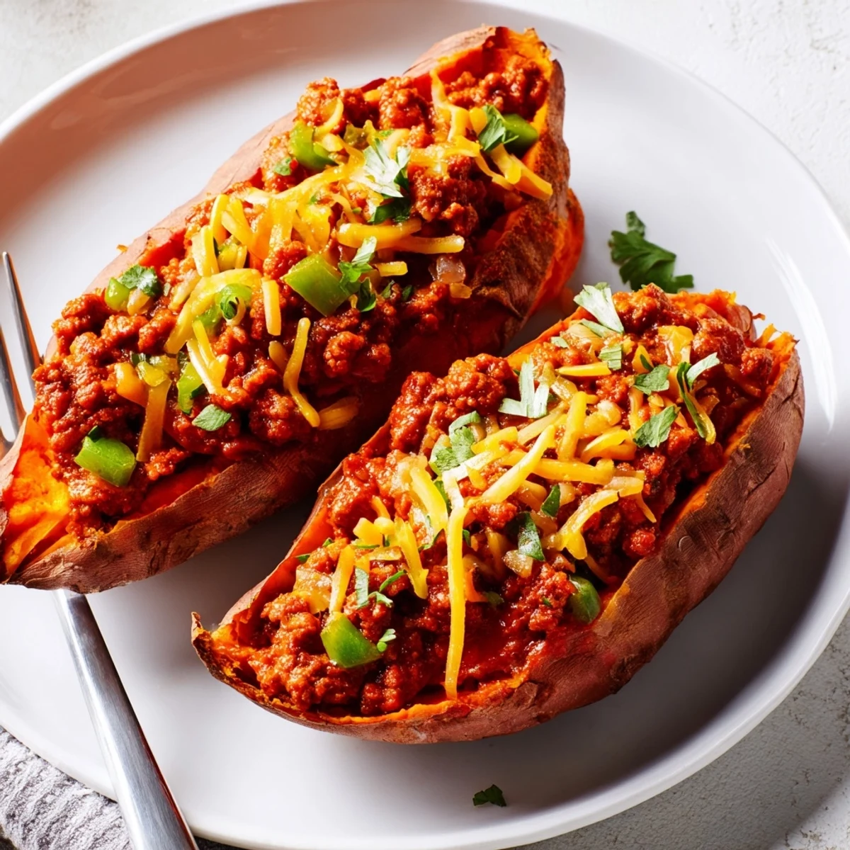 Savory spiced beef filling overflowing tender roasted Sloppy Joe sweet potatoes